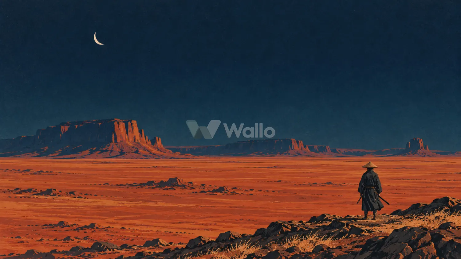 Lone Ronin Beneath the Crescent Moon