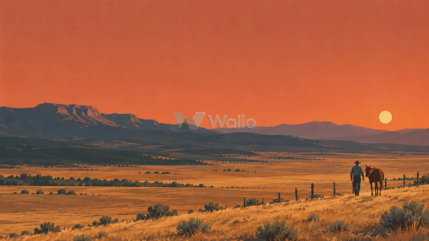 Cowboy and Horse Across Ochre Plains