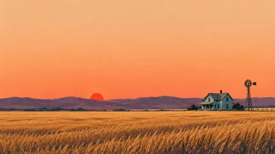 Farmhouse and Windmill at Sunset