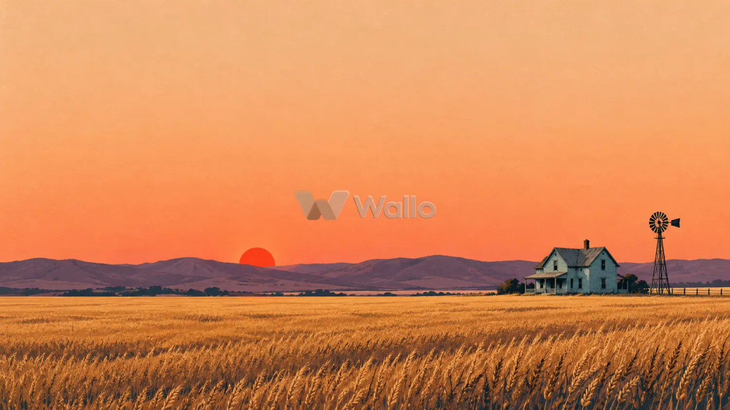 Farmhouse and Windmill at Sunset