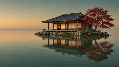 Japanese Lake House at Dusk