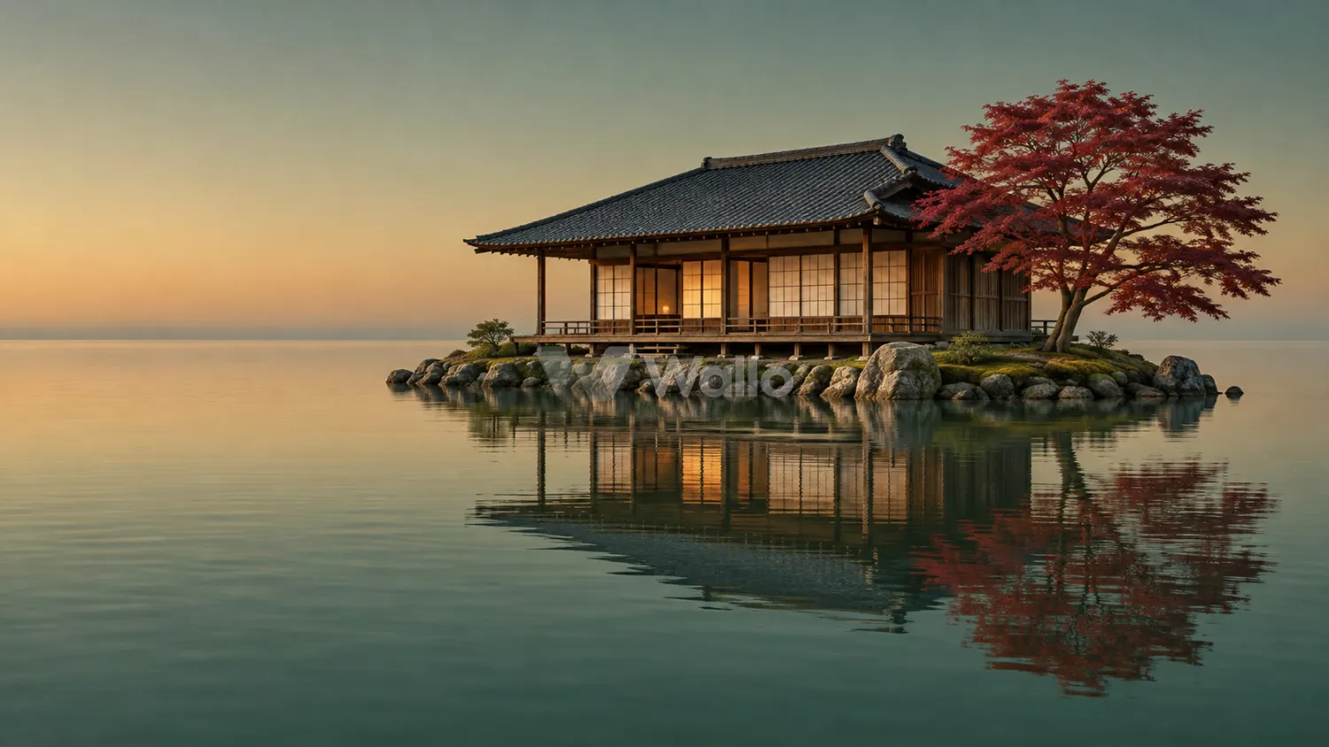 Japanese Lake House at Dusk