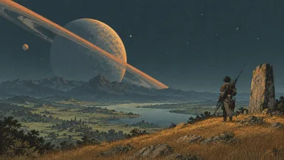 Lone Explorer Beneath a Ringed Planet
