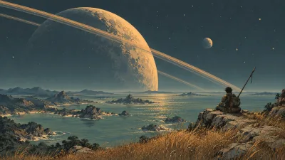 Lone Traveler Beneath the Ringed Crescent