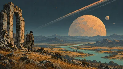 Cloaked Traveler Beneath a Ringed Planet