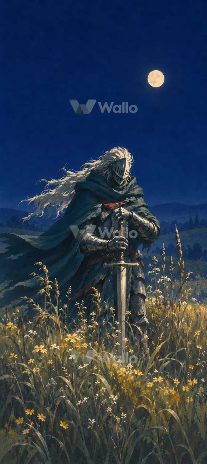 Moonlit Knight Among Tall Wildflowers
