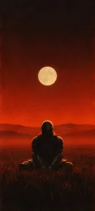 Seated Knight Beneath a Red Moon
