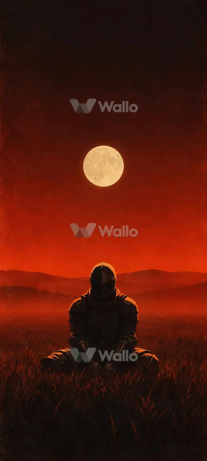 Seated Knight Beneath a Red Moon