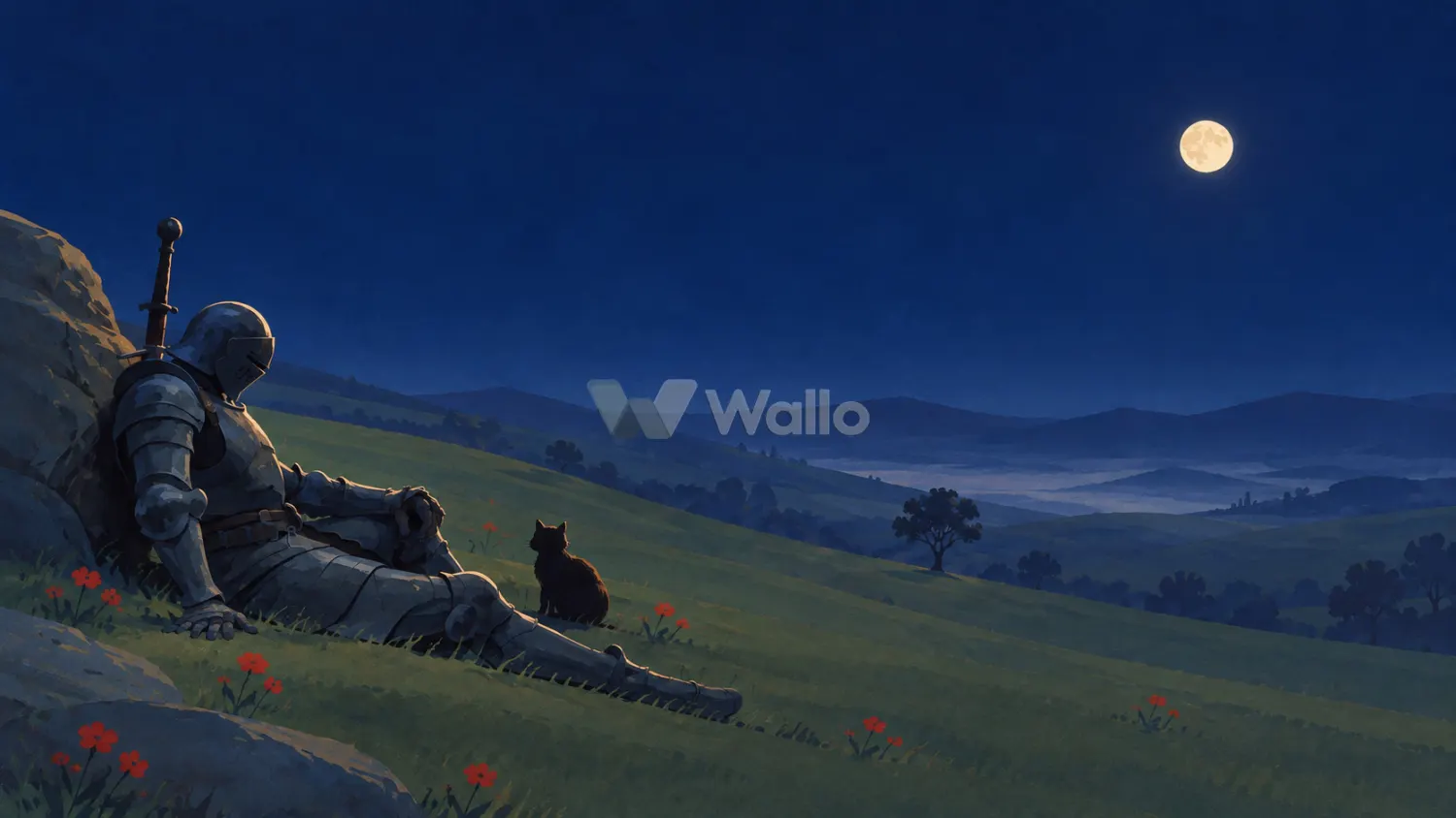 Reclining Knight and Cat Under the Midnight Moon