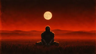 Seated Knight Beneath a Pale Moon