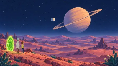 Rick and Morty Over the Alien Desert