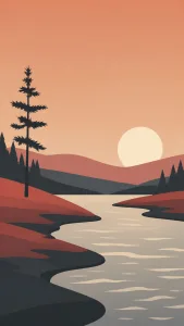 Sunset River and Pine Silhouettes
