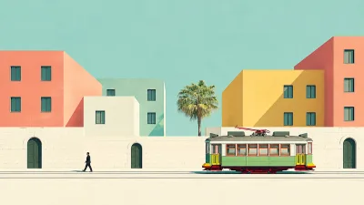 Green Tram Pastel Streetscape