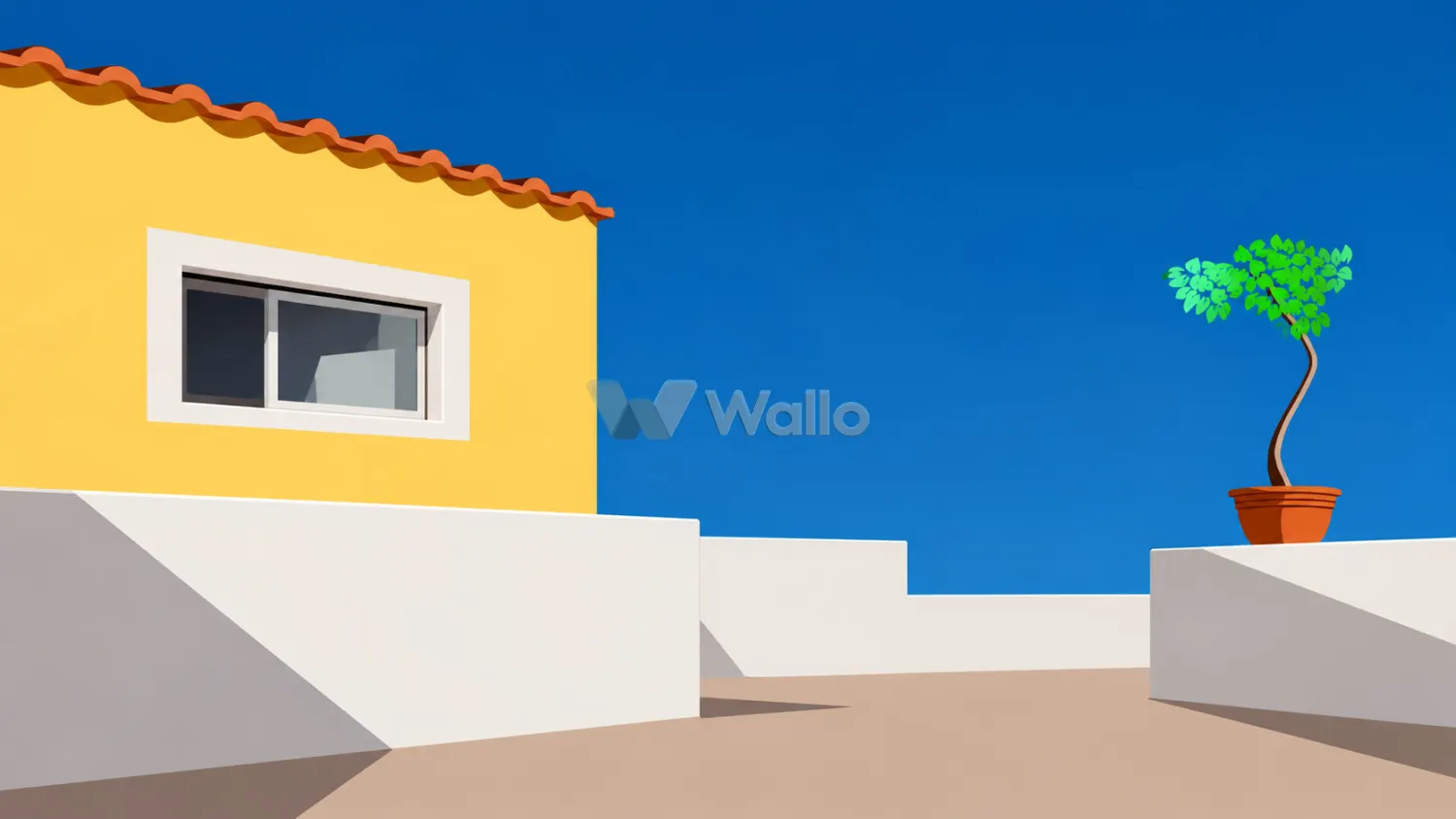 Yellow House and Potted Tree