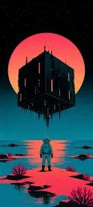 Retro Astronauts Beneath Teal Planets