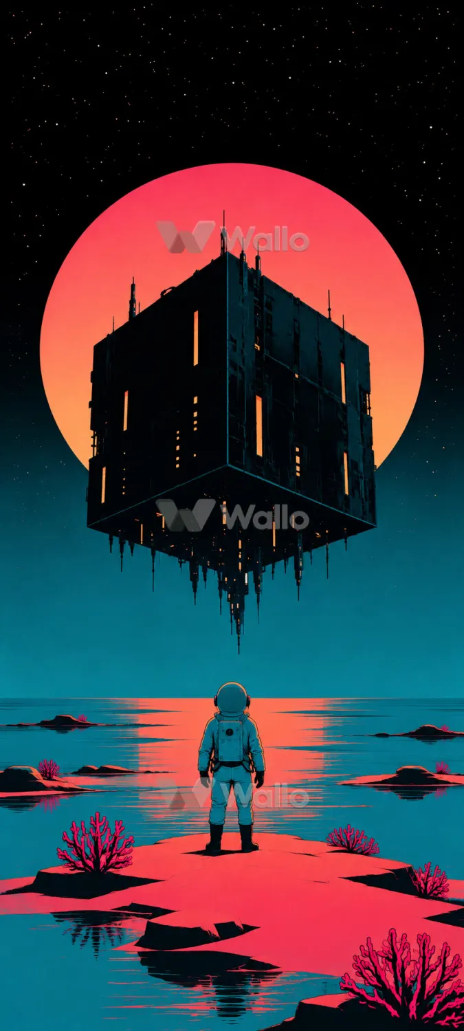 Retro Astronauts Beneath Teal Planets