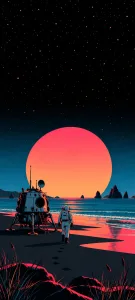Retro Astronauts Over a Coral Alien Landscape