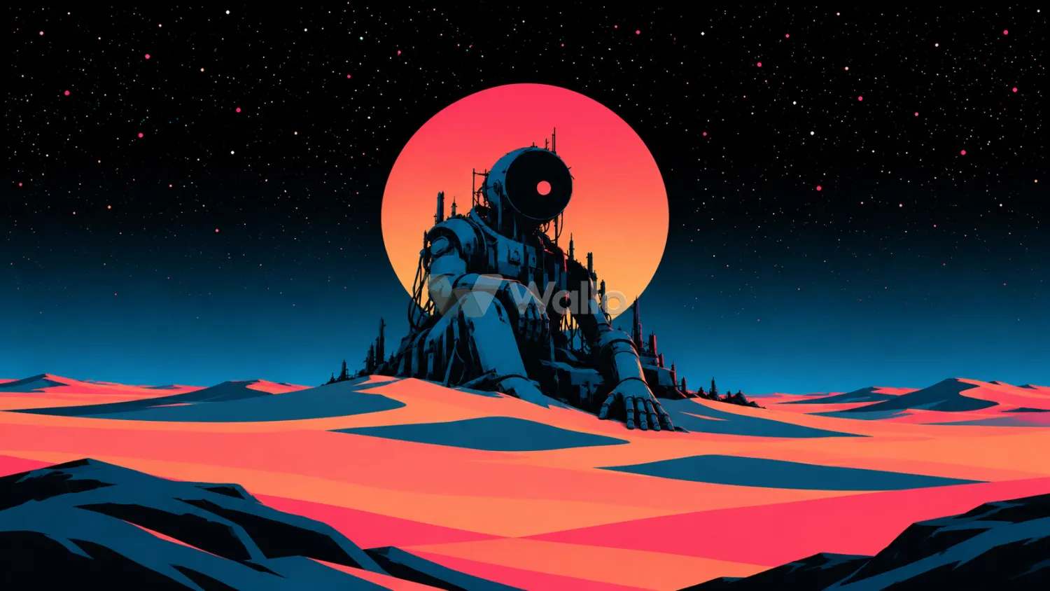 Seated Giant Robot Under Cosmic Skies