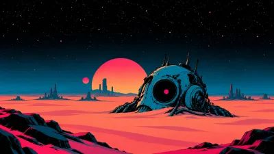 Seated Robot Beneath Distant Planets