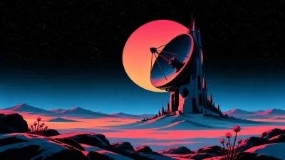 Giant Seated Robot Beneath Alien Skies