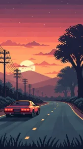 Red Coupe on a Sunset Road