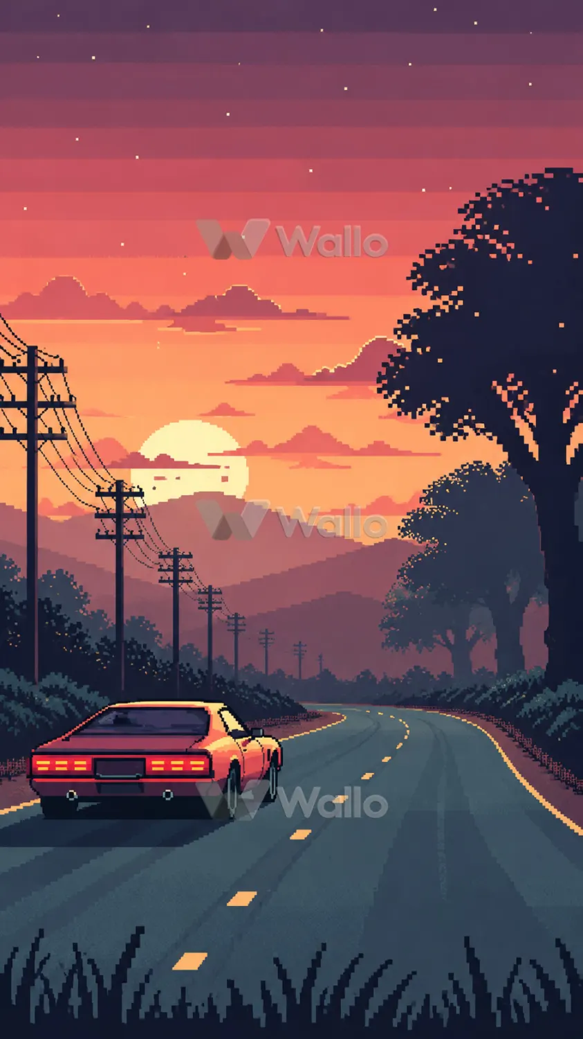 Red Coupe on a Sunset Road