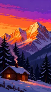 Snow Cabin Alpine Sunset