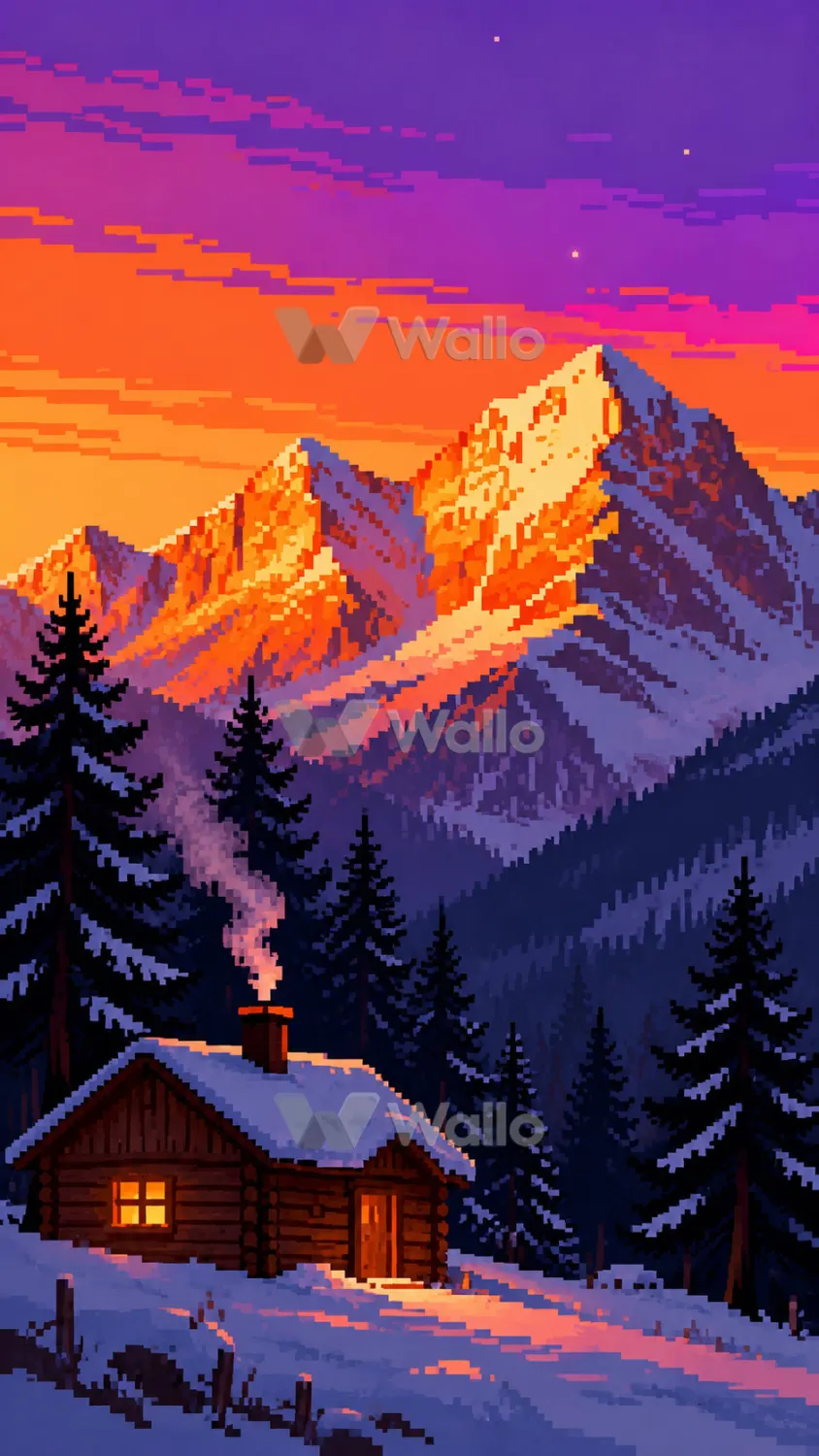 Snow Cabin Alpine Sunset