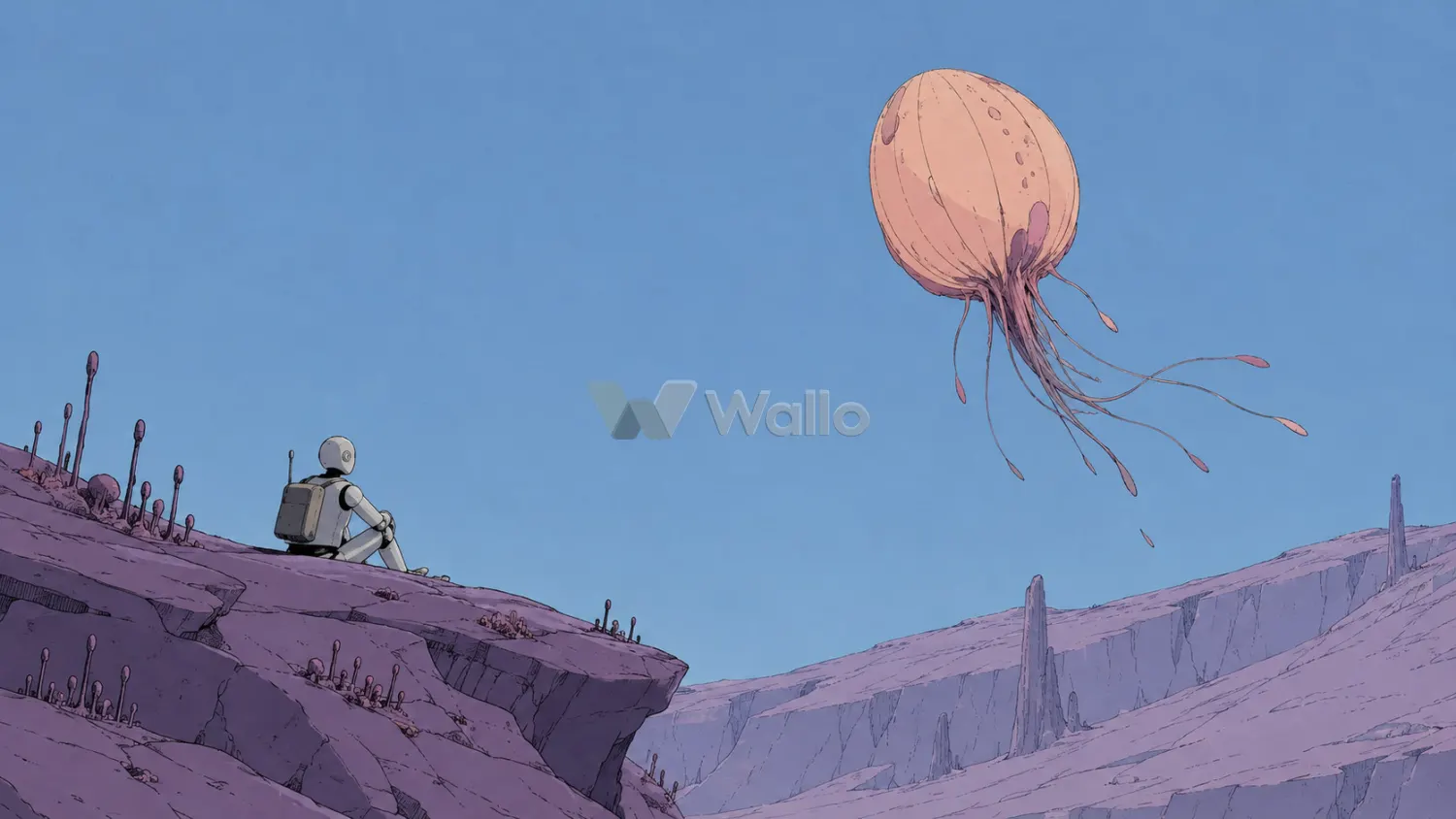 Pale Robot Watches a Peach Organism