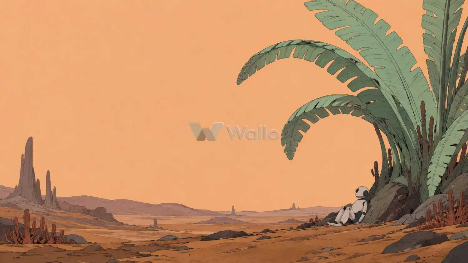 White Robot Beneath a Giant Mint Fern