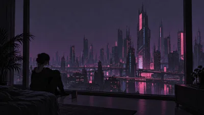 Silhouette Overlooking Violet Night City