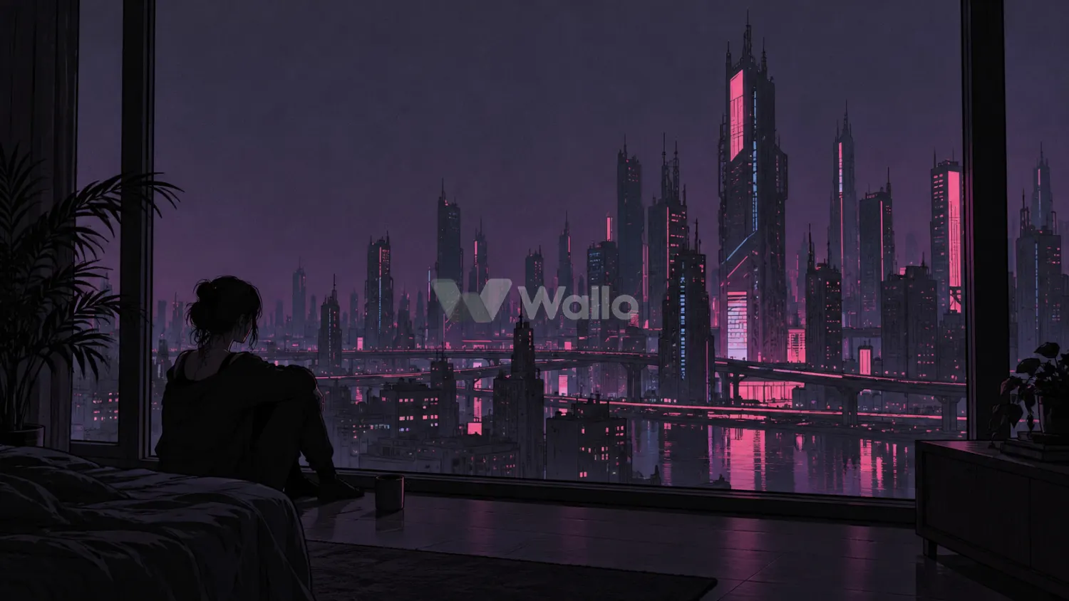 Silhouette Overlooking Violet Night City