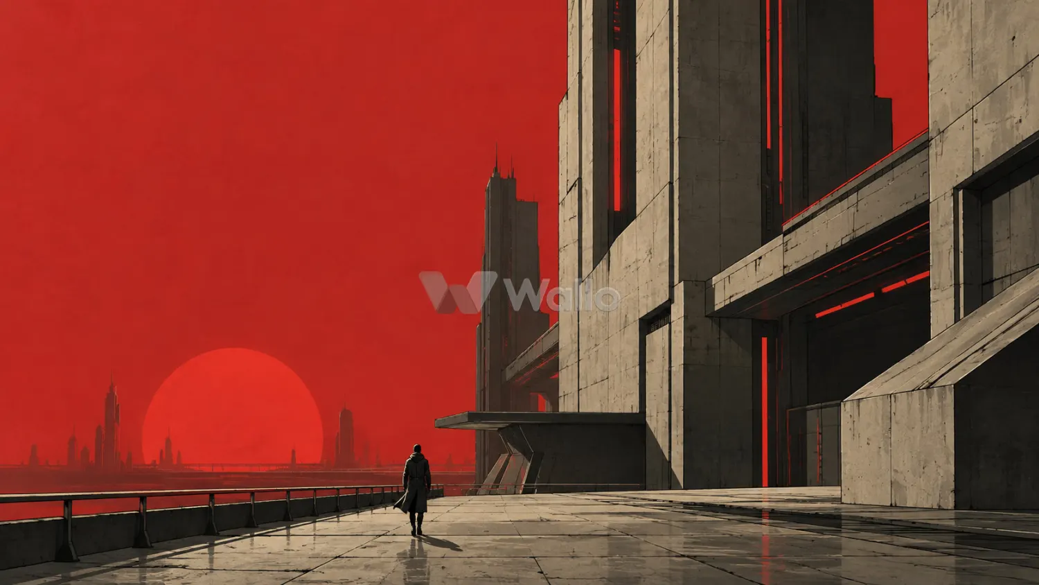 Lone Walker Beneath the Crimson Megabuilding