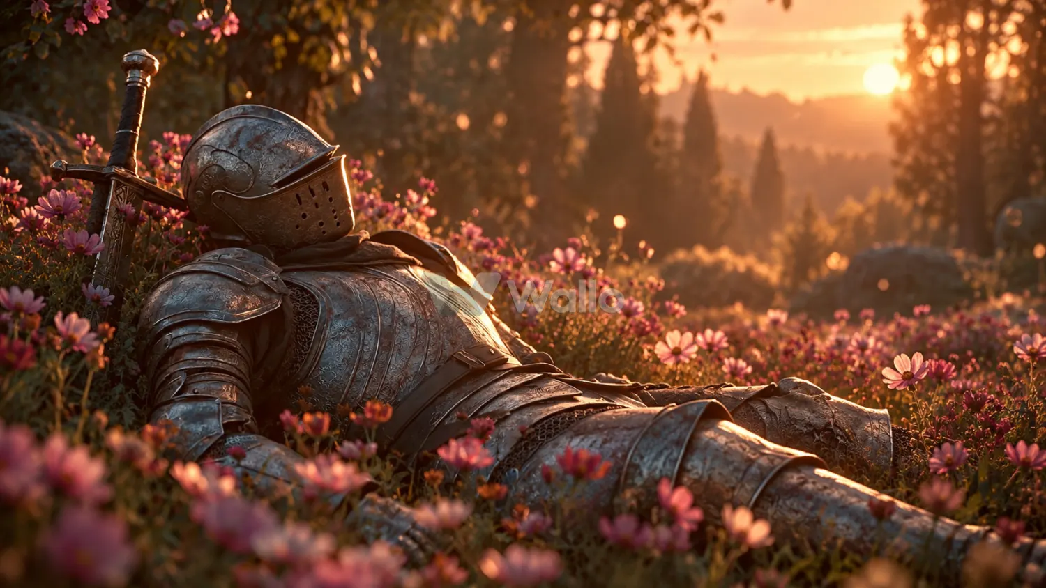 Armored Knight Among Sunset Wildflowers