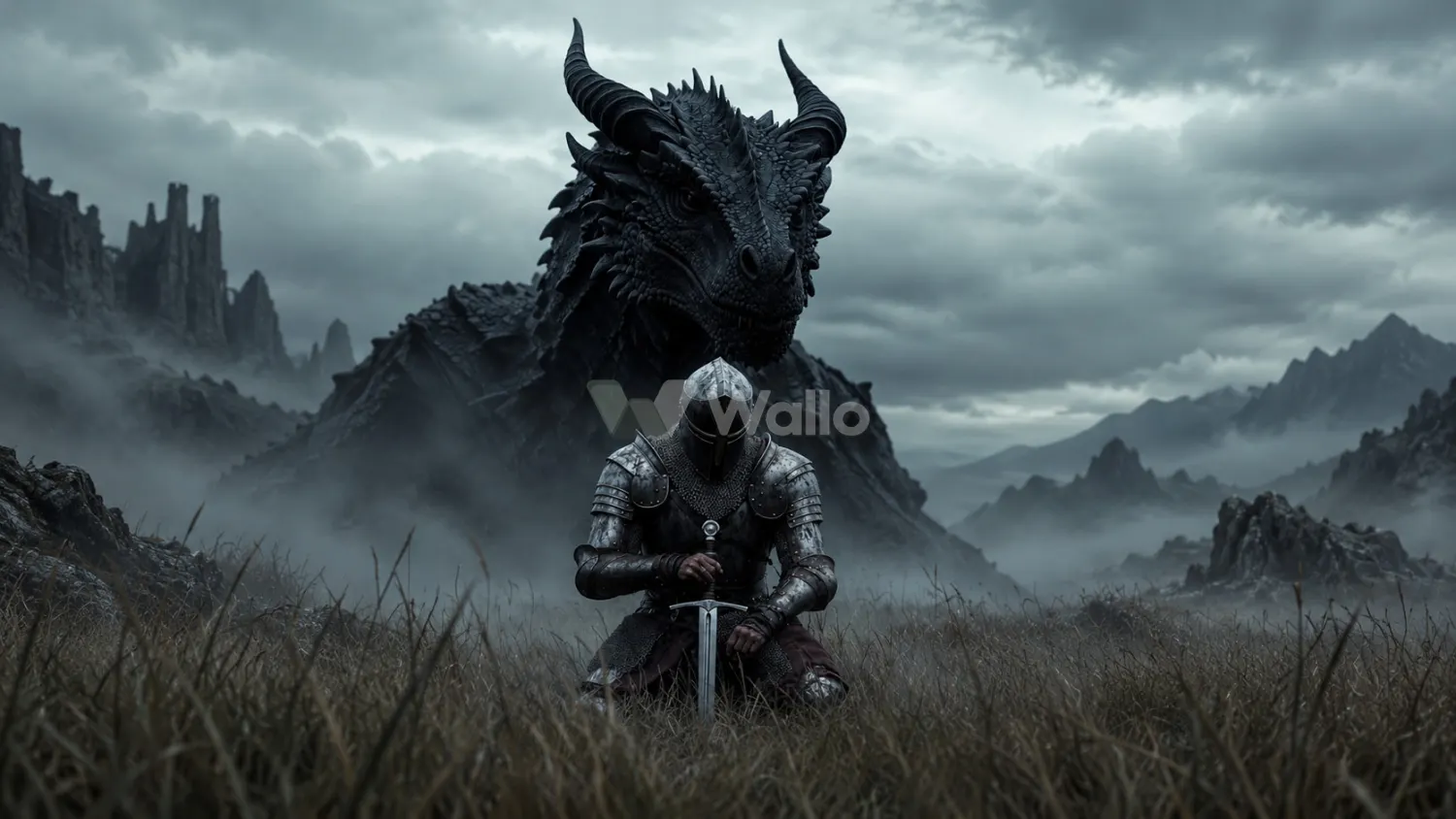Kneeling Knight Beneath a Black Dragon