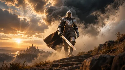 Knight Beneath Smoky Golden Clouds