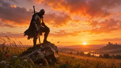 Knight on Boulder Beneath a Butterfly Sunset