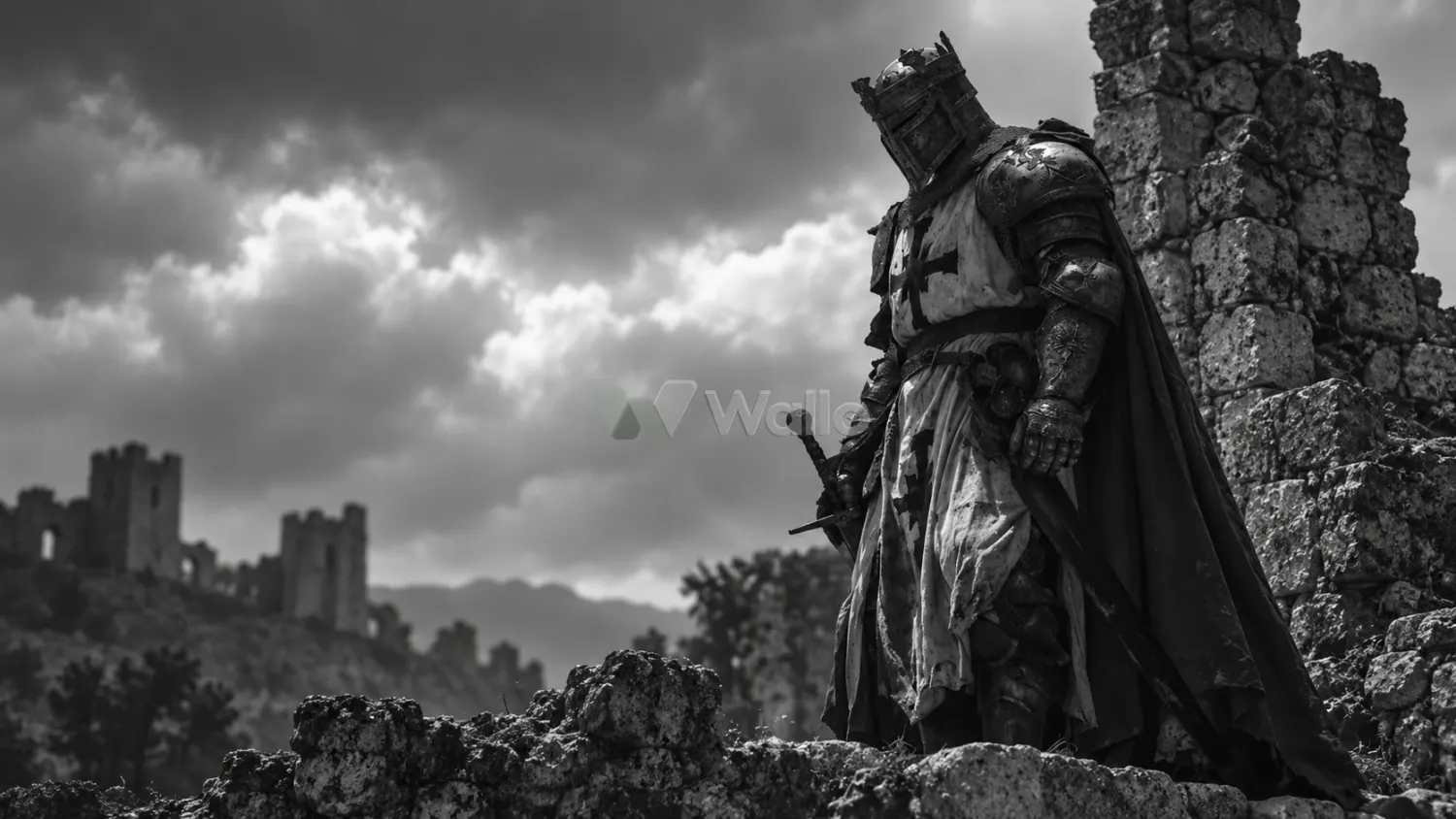 Monochrome Crusader Beneath Storm Clouds