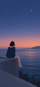 Woman on a Seawall Beneath an Indigo Sky