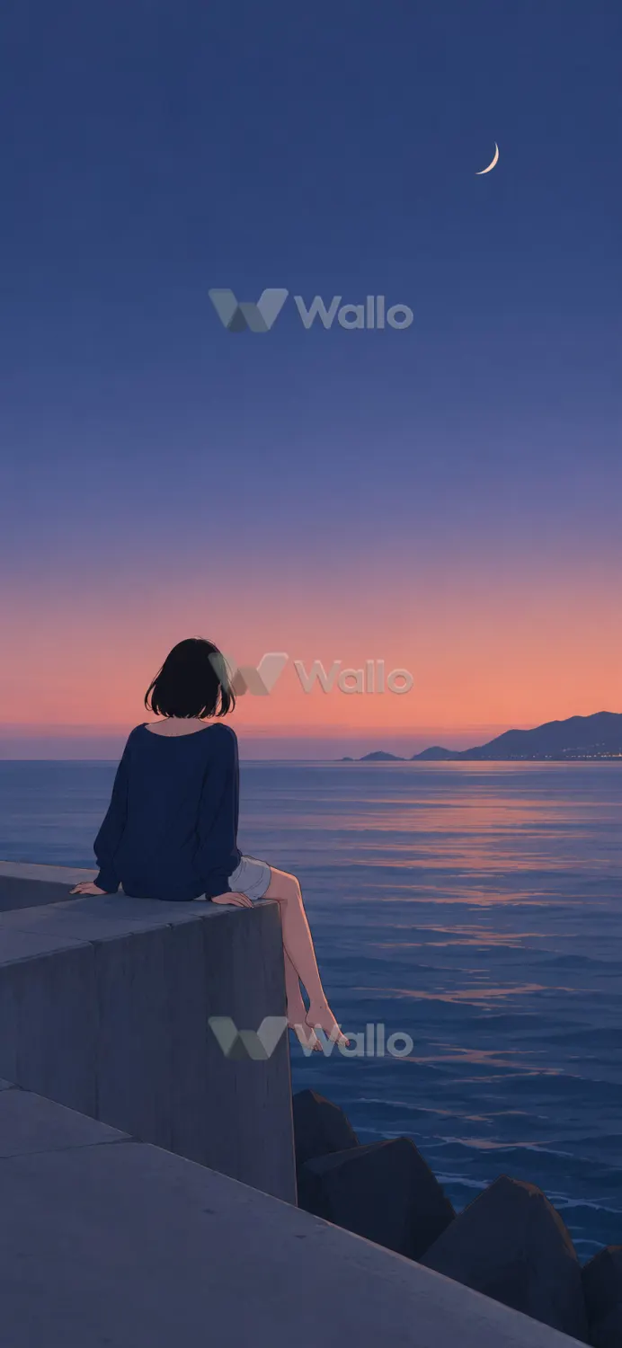 Woman on a Seawall Beneath an Indigo Sky