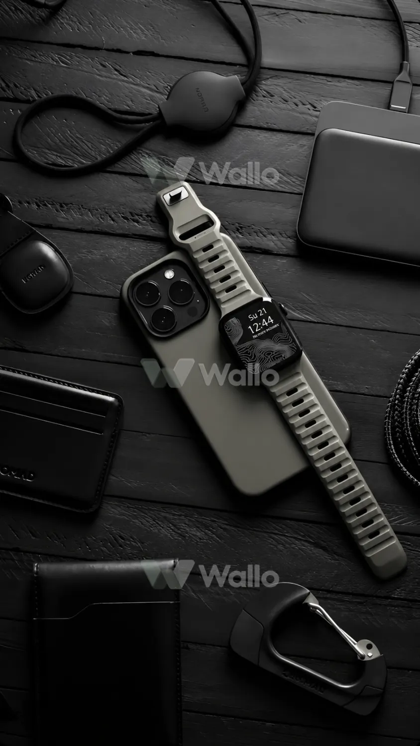 Charcoal Watch and Carabiner Flat Lay