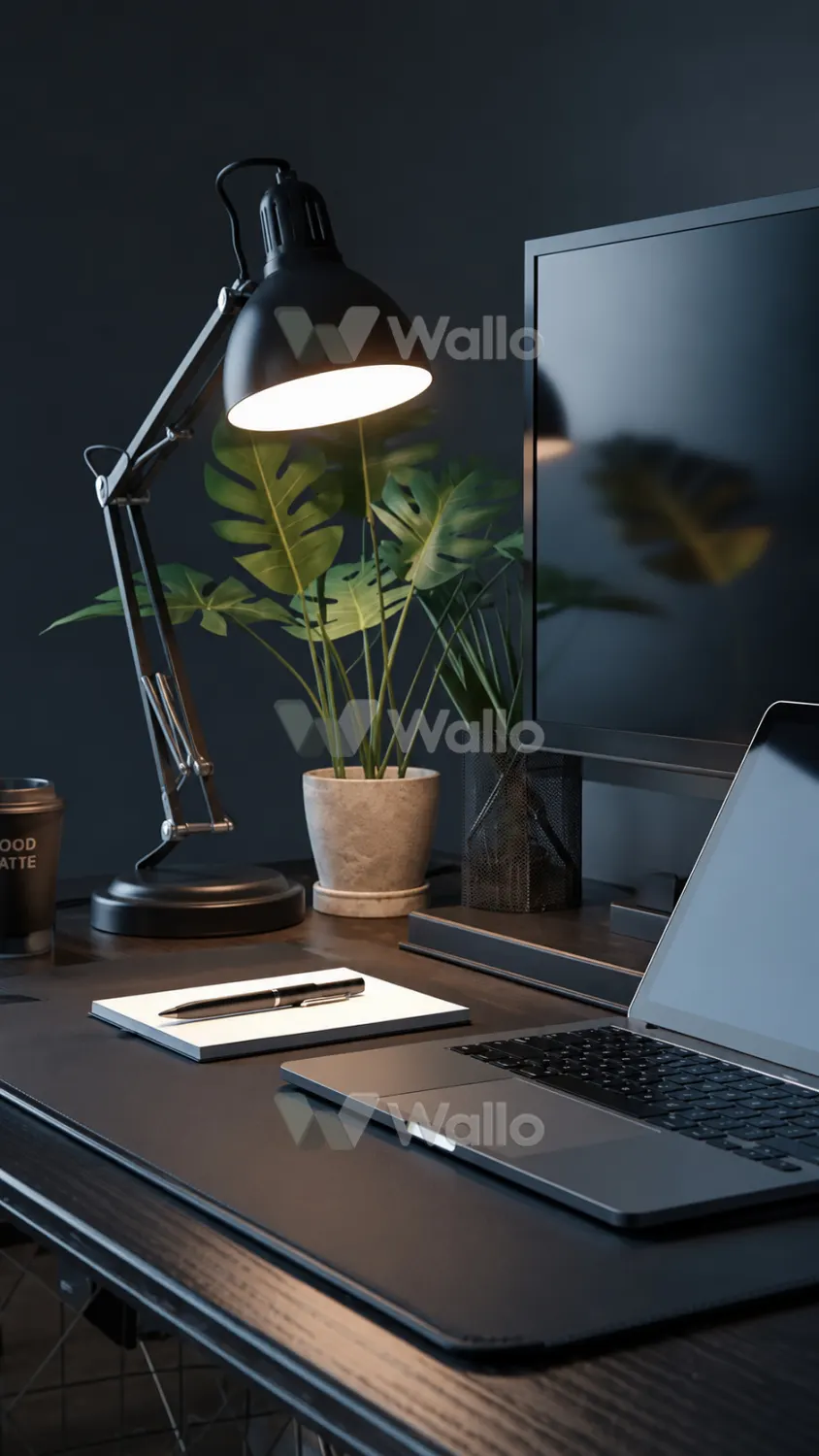 Grayscale Desk Setup With Plant